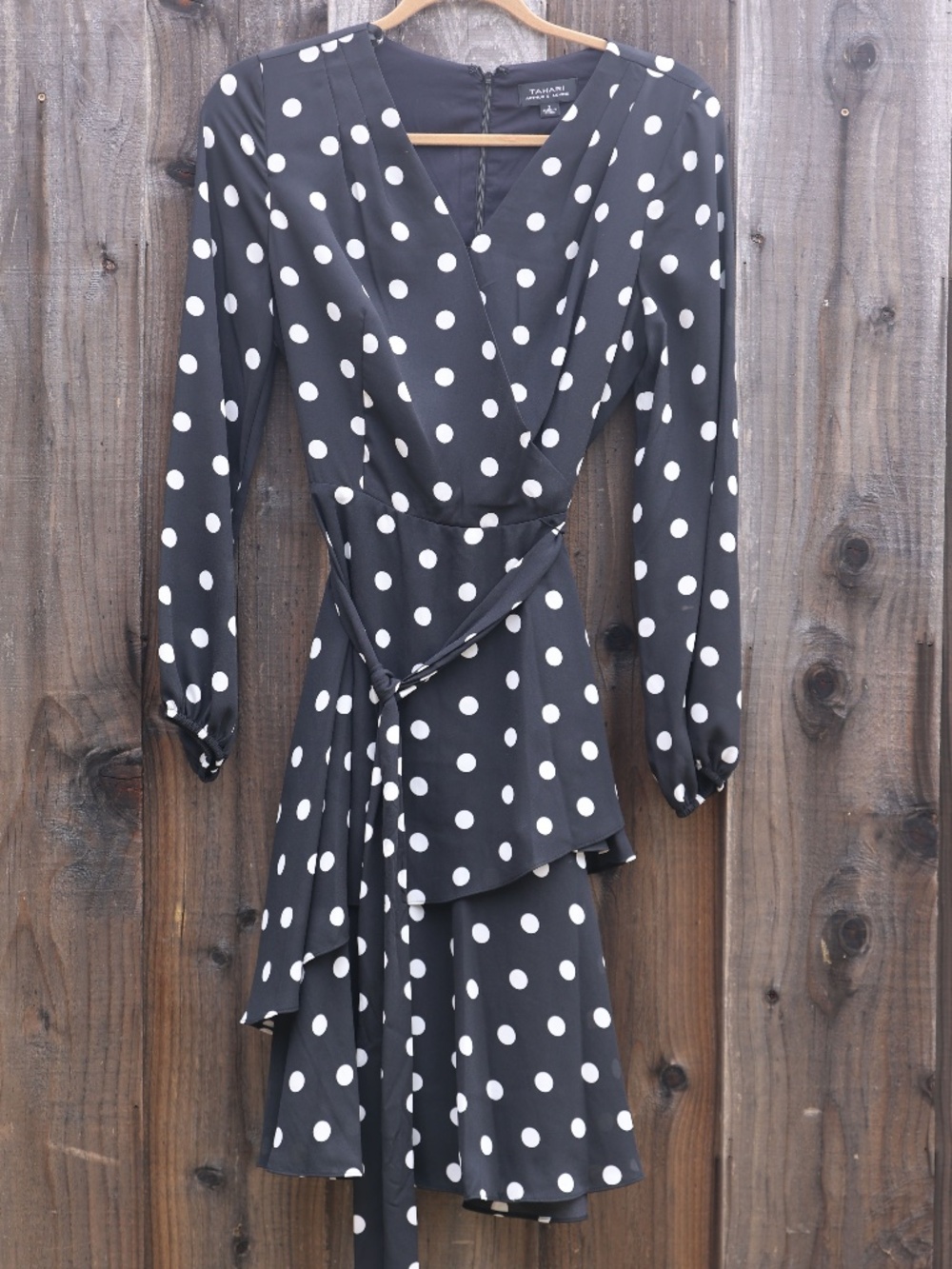 Tahari Arthur S. Levine Polka Dot Faux Wrap Flounce Dress Size 2 Black White